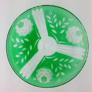 Vintage Green Cut to Clear Glass Shallow Bowl Dish